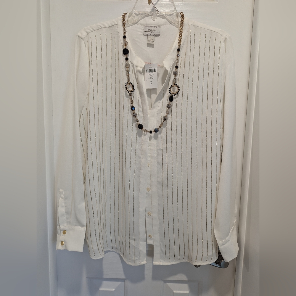 NWT Chico's Glam Striped Beaded Blouse - Ecru - Size 3 (XL/16)